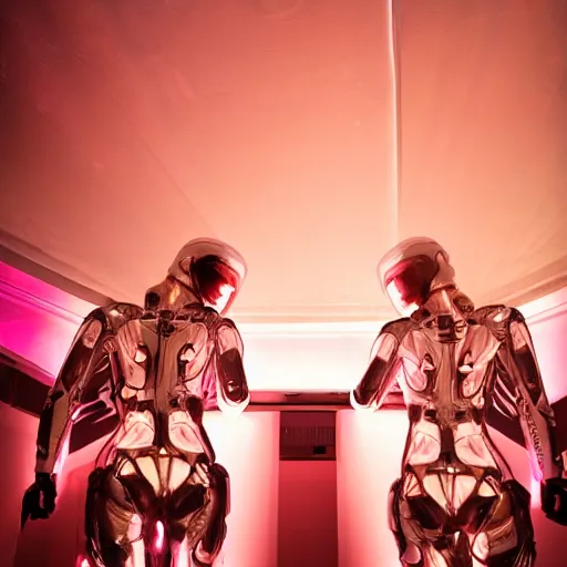 Image similar to love, diverse translucent cybersuits, from behind, connection rituals, wide wide angle, vivid, elaborate, highly detailed, beautiful lighting