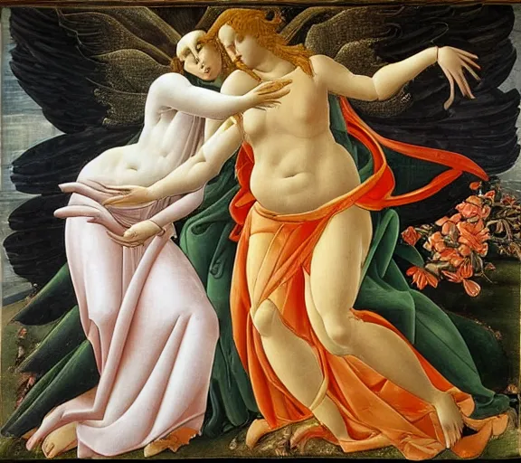 Image similar to two men who a secretly attracted to each other seperated by a deity on one side is light on the other is darkness in the style of botticelli
