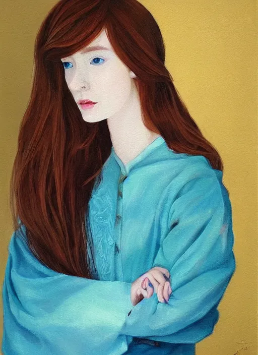 Prompt: a portrait of a young woman with ginger hair and light blue eyes wearing a traditional silk dress with very long sleeves. she looks at the viewer with a curious, witty expression. beautiful painting by jia ruan.