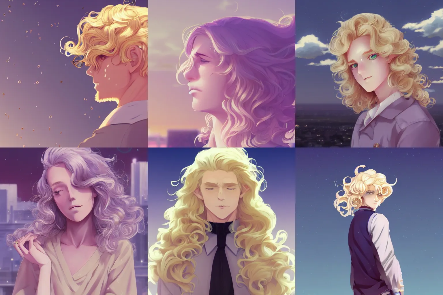 Prompt: a beautiful man with long blond drill curls and curtain parted bangs, light gold fluffy curly blond hair and pale white skin, lavender eyes, city landscape, 4k, anime key visual, lois van baarle, ilya kuvshinov, rossdraws, artstation