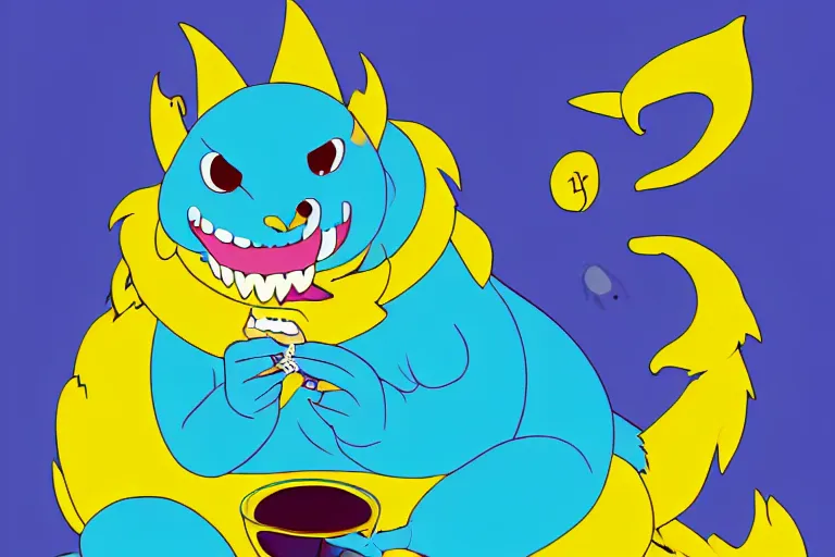 Prompt: a chubby anthropomorphic male blue dragon in a yellow shirt eating blueberry pie, furry art, 8k