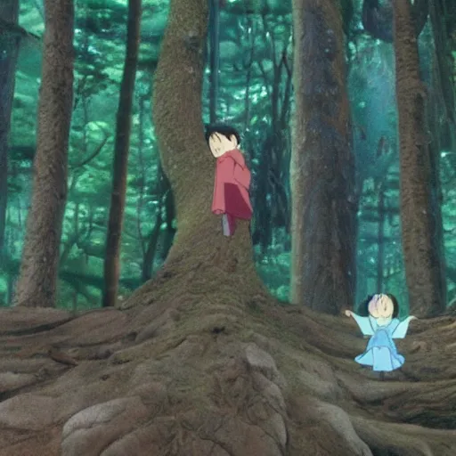 Image similar to spirit, forest, dancing on a tree top, hayao miyazaki, masashi ando, nizou yamamoto, kazuo oga, joe hisaishi, yoji takeshige, naoya tanaka