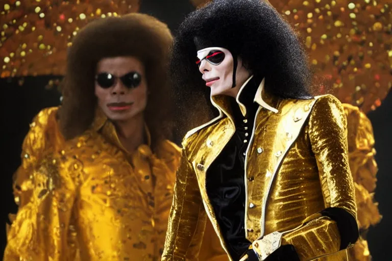 Image similar to Tilda Swinton as Michael Jackson in 'Jackson 5!' (2020), movie still frame, promotional image, imax 70 mm footage, oscar nominated cinematography, volumetric lighting, 8k resolution