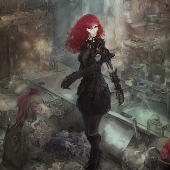 Image similar to christina hendricks!!!!! goth!!!!!, tankoban, 4 k, tone mapping, akihiko yoshida, james jean andrei riabovitchev marc simonetti, yoshitaka amano, long hair, curly, h. hydrochaeri