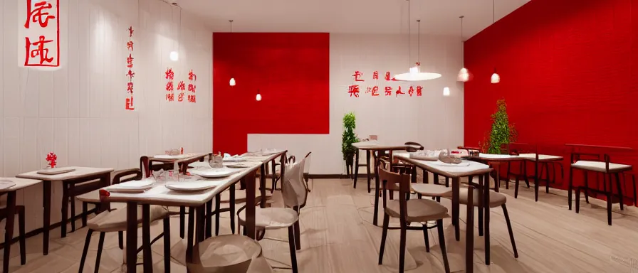 Image similar to a beautiful simple interior render of small roasted string hotpot restaurant restaurant yan'an, wall corner, from china, red paper wall and white tile floor, rectangle white porcelain table, fine simple delicate structure, chinese style, simple composition, simple style structure decoration design, victo ngai, 4 k hd