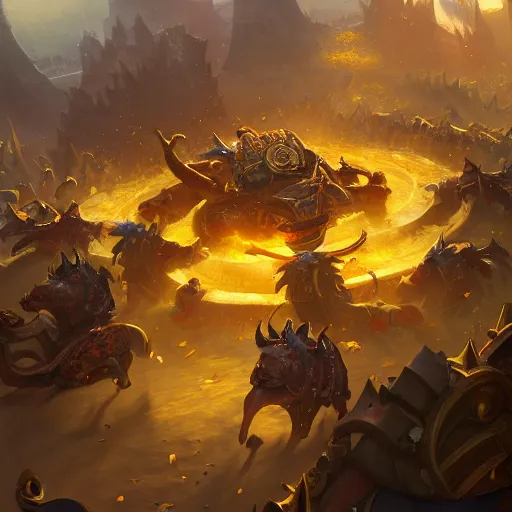 Image similar to a golden battle chariots, yellow magic theme, bright art masterpiece artstation. 8 k, sharp high quality artwork in style of jose daniel cabrera pena and greg rutkowski, concept art by tooth wu, blizzard warcraft artwork, hearthstone card game artwork, cart wheels