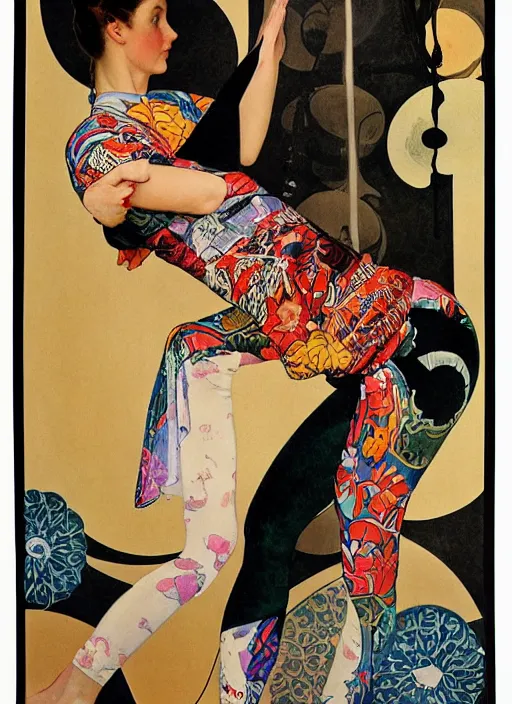 Image similar to an art nouveau painting poster of a girl doing yoga with a futuristic kimono and leggins by norman rockwell