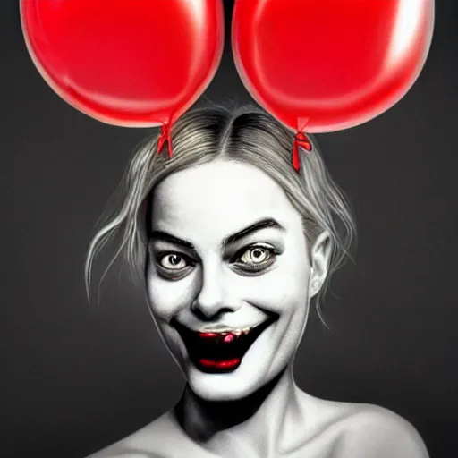 Prompt: surrealism grunge cartoon portrait sketch of margot robbie with a wide smile and a red balloon by - michael karcz, loony toons style, homer simpson style style, horror theme, detailed, elegant, intricate