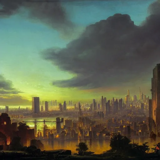 Prompt: vista of a city at sunset, the city is a sprawling renaissance city that is built amidst brutalist cyclopean tombs and overgrown by the rainforest, rpg, hubert robert, cityscape, vista, dying earth, gene wolfe