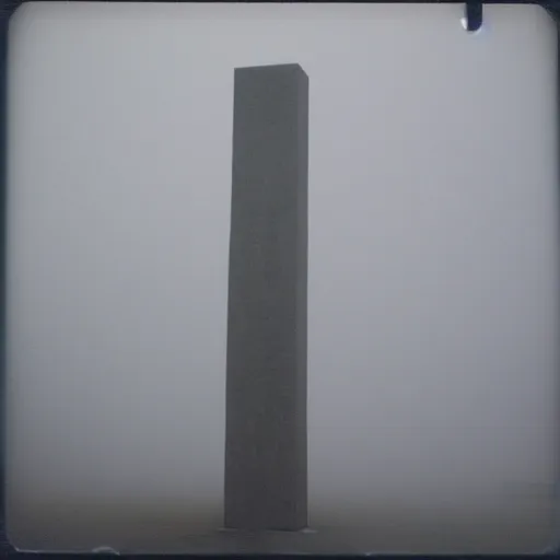 Image similar to very tall concrete sculpture reaching into the fog, expired film, old polaroid, night, megalophobia,