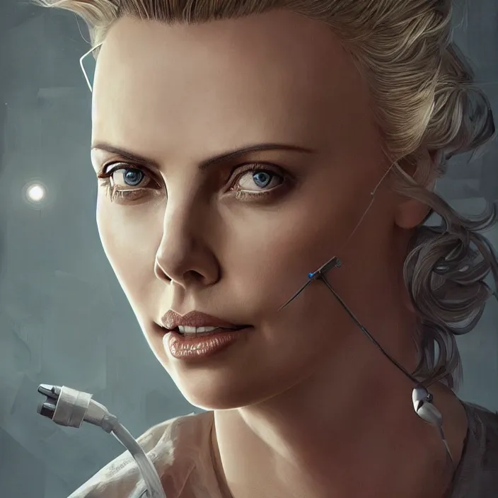 Image similar to portrait of charlize theron as a nurse. intricate abstract. intricate artwork. by tooth wu, wlop, beeple, dan mumford. octane render, trending on artstation, greg rutkowski very coherent symmetrical artwork. cinematic, hyper realism, high detail, octane render, 8 k, iridescent accents