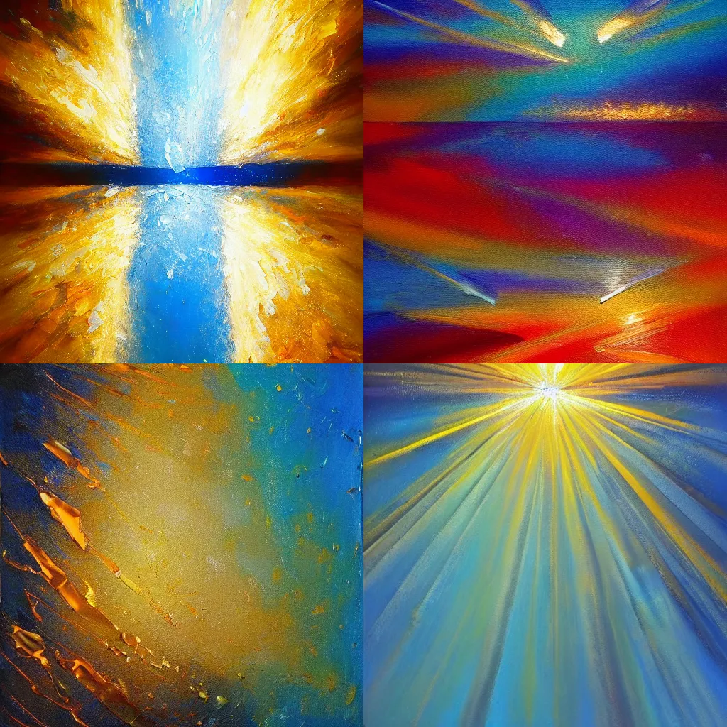 Prompt: An abstract oil painting of golden light beam shining through deep blue background, artstation, glazed finish with resin