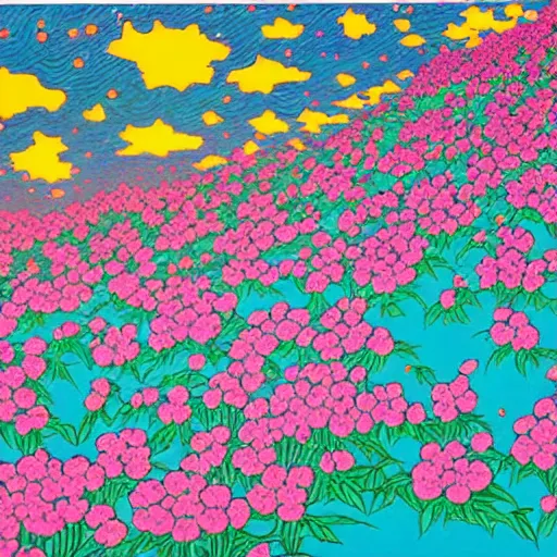Prompt: a beautiful painting of a large alien shrine shrouded by mystic nebula magic in a field of flowers by hiroshi nagai and hirohiko araki, detailed line art
