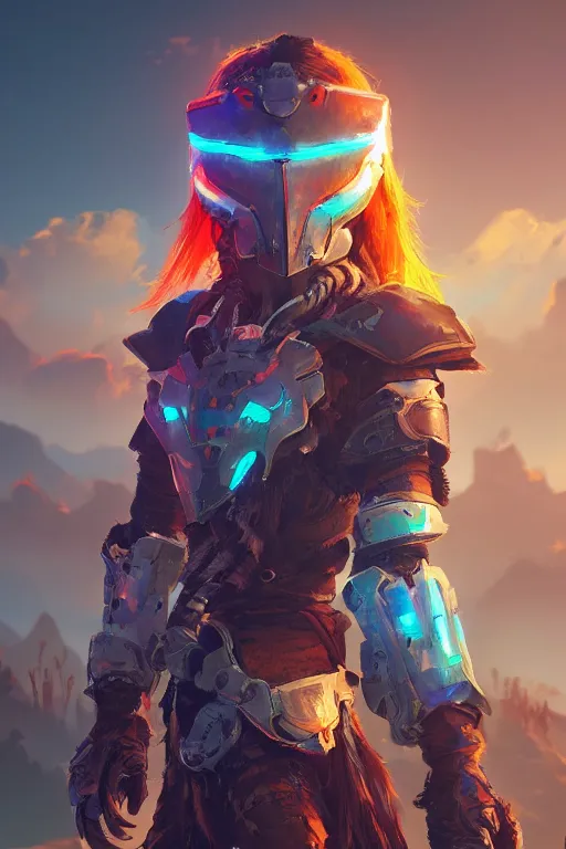 Image similar to combination suit armor aloy horizon forbidden west horizon zero dawn radiating a glowing aura global illumination ray tracing hdr fanart arstation by ian pesty and alena aenami artworks in 4 k tribal robot ninja mask helmet backpack