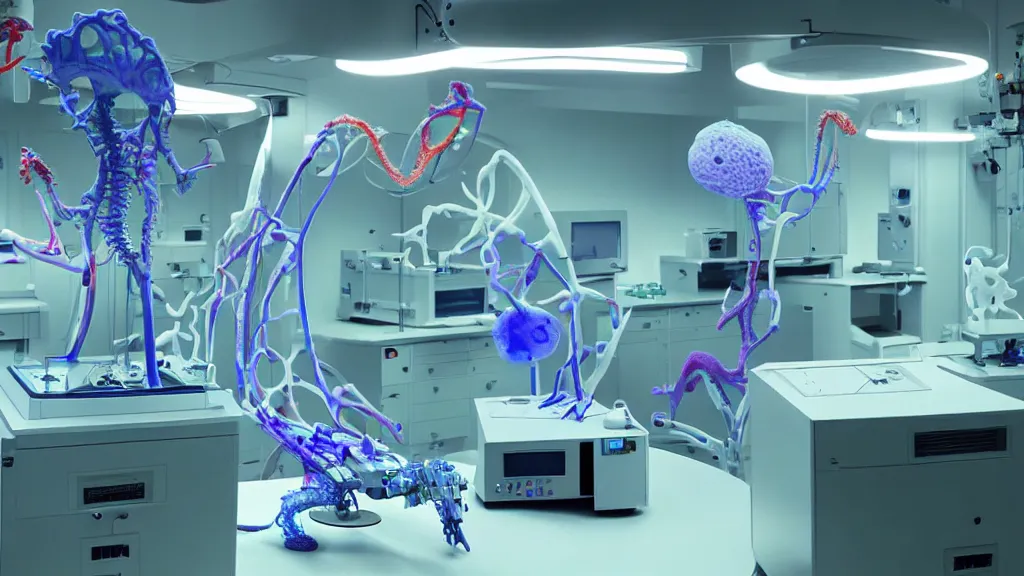 Prompt: a complex bifurcated surgical arm hybrid mri 3 d printer machine making colorful mutant forms with control panels in the laboratory inspection room, film still from the movie directed by denis villeneuve with art direction by salvador dali, wide lens