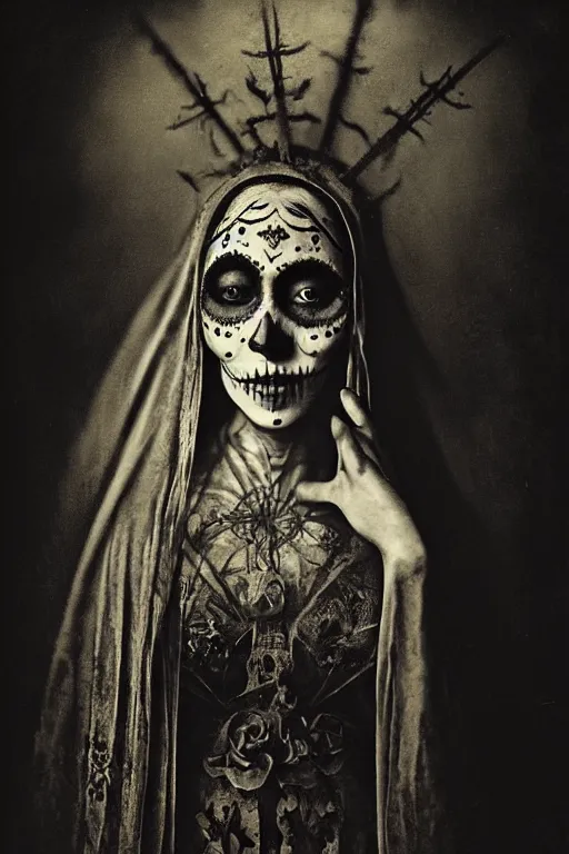 Image similar to photogravure, tintype virgin mary in dia de muertos dress and make up, horrific beautiful vibe, evocative, atmospheric lighting, painted, intricate, highly detailed, leesha hannigan, wayne haag, reyna rochin, ignacio fernandez rios, mark ryden, iris van herpen, stunning, gorgeous, sharp focus, cinematic, masterpiece