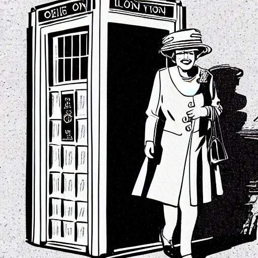 Prompt: Digital illustration of Queen Elizabeth II stepping out of the Tardis on a dark rainy London street, trending on artstation