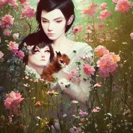 Image similar to kittens in flowers, intricate complexity, by greg rutkowski, artgerm, ross tran, conrad roset, takato yomamoto, ilya kuvshinov. 4 k, beautiful, cinematic dramatic atmosphere