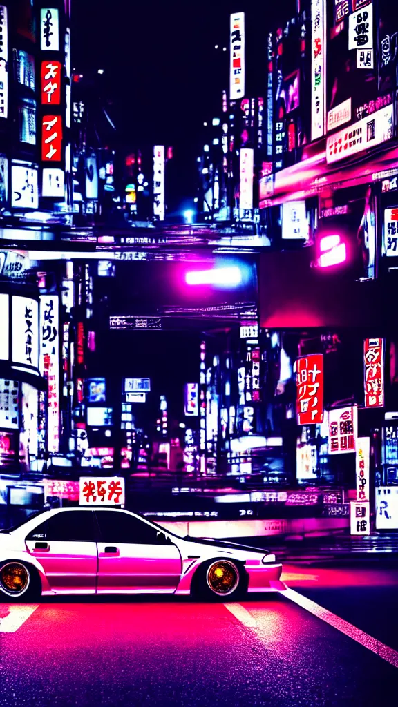 Image similar to a car drift spec JZX100 in middle of road, shibuya prefecture, city midnight neon lights, cinematic color, photorealistic, highly detailed