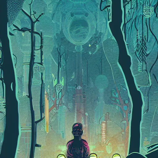 Prompt: Stunningly intricate illustration of single cyberpunk explorer overlooking lush forest, highly detailed, midnight, small glowing orbs by Victo Ngai and James Gilleard , Moebius, Laurie Greasley