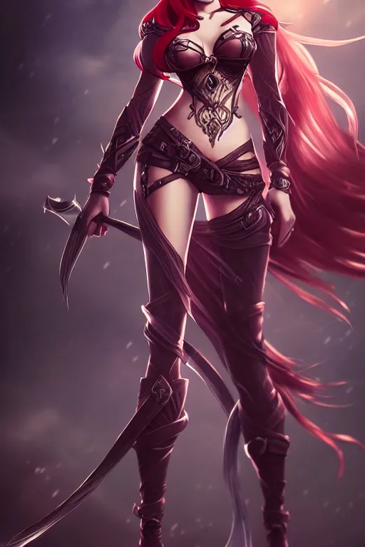 Image similar to full body portrait of Katarina from League of Legends illustration, medium shot, intricate, elegant, highly detailed, digital art