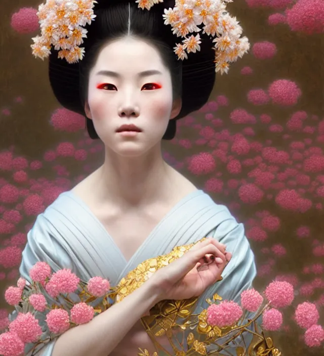 Prompt: baroque portrait of a geisha woman of porceline skin half emerged from river made of thousand of flowers, cinematic lighting, photorealistic, octane render, 8 k, depth of field, art by artgerm and greg rutkowski and alphonse mucha and uang guangjian