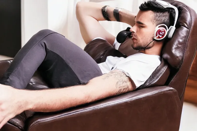 Image similar to a man that is deep in thought is wearing a white t - shirt and he is wearing black sweat pants and he is wearing over the ear headphones and he is relaxing in a brown leather chair that is in the reclining position