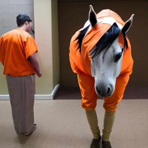 Image similar to inmate wearing horse head with orange clothes