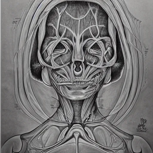 Prompt: anatomical drawing in the style of alex grey