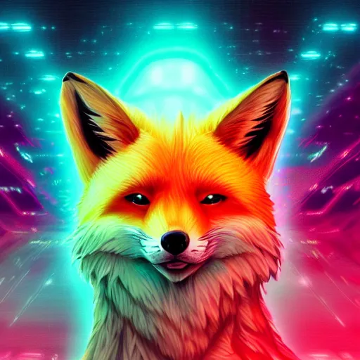 Prompt: digital true fox, retrowave palette, digital world, highly detailed, electric breeze, anatomically correct vulpine, synth feel, fluffy face, ear floof, flowing fur, super realism, accurate animal imagery, 4 k digital art