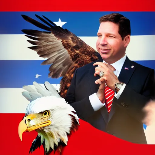 Prompt: ron desantis with bald eagle sitting on his shoulder, award - winning, artstation, patriotic, fireworks in background,