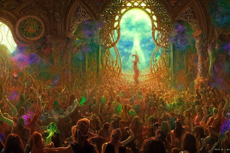 Image similar to a beautiful and highly detailed digital painting of a a psytrance party in another dimension, psychedelic, celtic, intricate details, epic scale, insanely complex, 8 k, sharp focus, photorealism, artstation, cgsociety, by caspar friedrich, albert bierstadt, james gurney, brian froud,