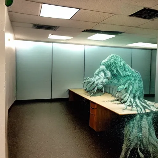 Image similar to backrooms office space, ominous lighting, moldy walls, demogorgon wading in shallow water