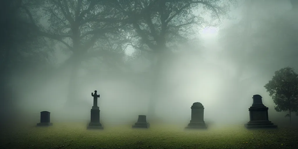 Image similar to creepy horror, Highgate cemetery, angel statuettes, tombs, blanket of fog, rain, volumetric lighting, beautiful, golden hour, sharp focus, ultra detailed, cgsociety