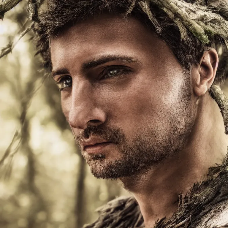 Prompt: closeup portrait photo of a male warrior, in a forest, elegant, highly detailed, centered, digital painting, smooth, sharp focus, 8 k. lifelike. soft light. nikon d 8 5 0