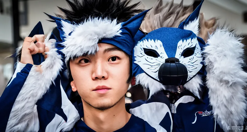 Image similar to Haikyuu Tendou Satori wearing mirrors-edge style clothes and a blue kitsune mask. DSLR Camera with a large sensor. Soft lighting and shadows. F/2.8 or f/4. ISO 1600. Shutter speed 1/60 sec. Lightroom.