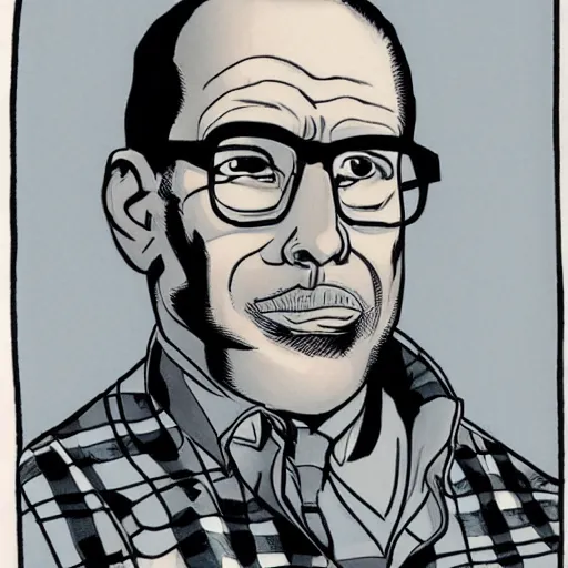 Prompt: man with glasses in flannel shirt, portrait, heavy ink, by mike mignola