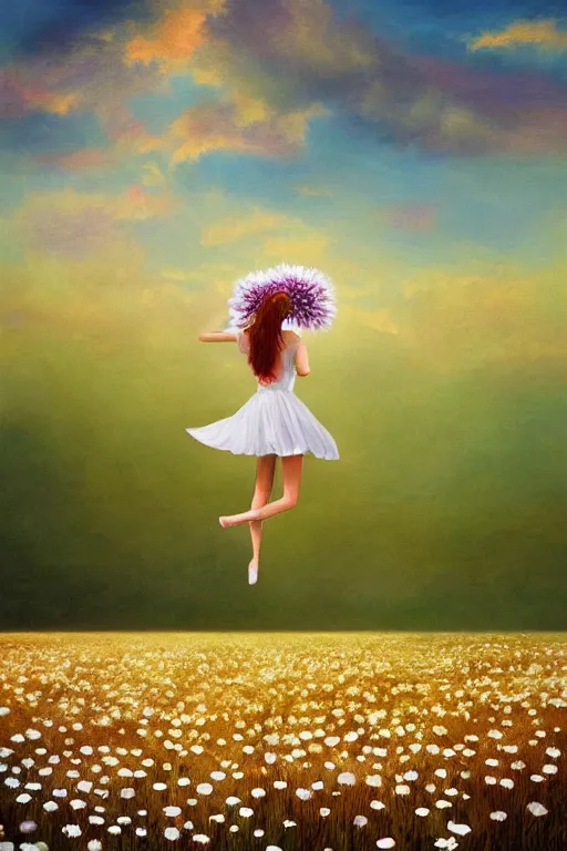 Image similar to giant white daisy flower as head, two legged girl dancing in a flower field, surreal photography, sunrise, dramatic light, impressionist painting, colorful clouds, digital painting, artstation, simon stalenhag