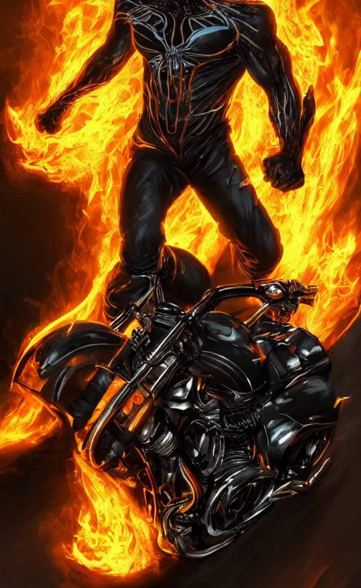 Image similar to venom as ghost rider on a motorcycle, dynamic lighting, photorealistic fantasy concept art, trending on art station, stunning visuals, terrifying, creative, cinematic