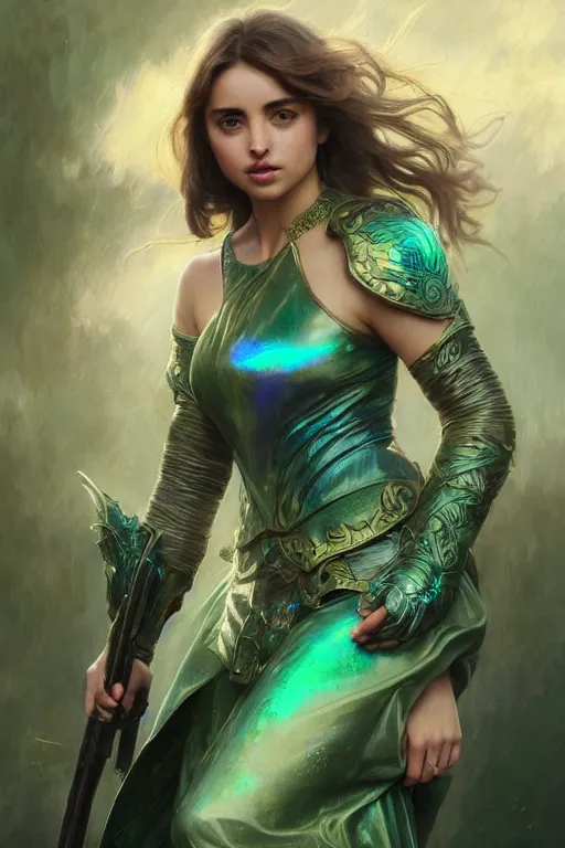 Image similar to Ana de Armas wearing iridescent green opal armor, fantasy, intricate, cinematic lighting, highly detailed, beautiful, digital painting, artstation, masterpiece, concept art, smooth, sharp focus, illustration, art by Artgerm and Greg Rutkowski and Alphonse Mucha and william-Adolphe Bouguereau