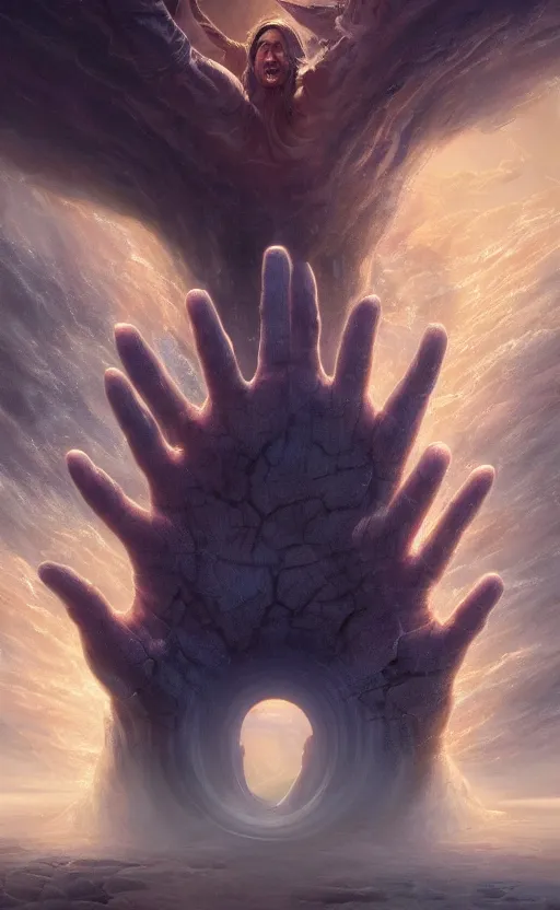 Image similar to the hand of God coming out of a portal hopping and time warping with reckless abandon, dramatic scene, masterpiece digital painting by Greg Rutkowski, Alex Grey, artstation, 4k wallpaper, pixar poster