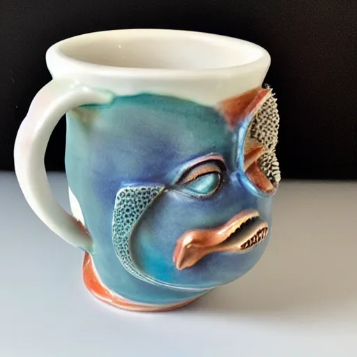 Image similar to a ceramic mug sculpted to be a mermaid