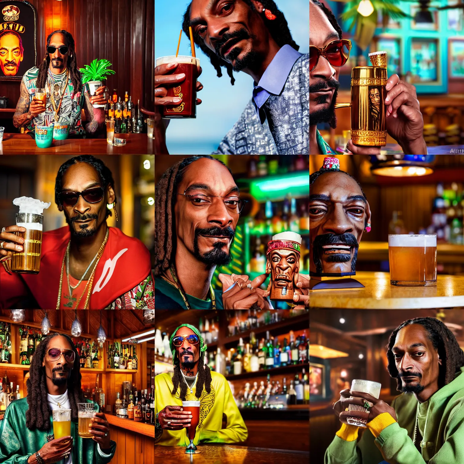 Prompt: a closeup photorealistic photograph of snoop dogg at the trader vic's bar holding a tiki mug that has his face on the front. brightly lit scene. this 4 k hd image is trending on artstation, featured on behance, well - rendered, extra crisp, features intricate detail, epic composition and the style of unreal engine.