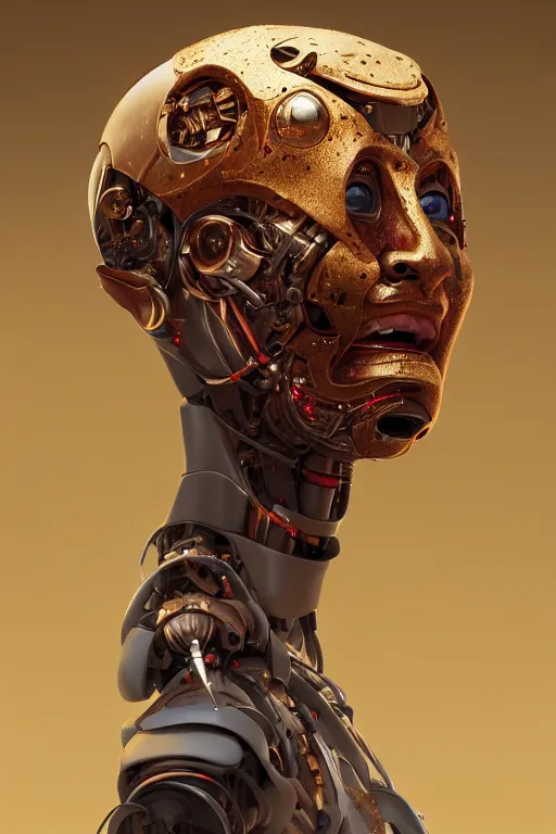 Image similar to beautiful portrait of a teen robot making funny face, dystopian, biopunk, skin details, digital painting, sculpted in zbrush, artstation, concept art, smooth, sharp focus, illustration, chiaroscuro, soft lighting, golden ratio, rule of thirds, fibonacci, art by Audubon, incredible art by Stanley Artgerm Lau and Greg Rutkowski, composition by mike mignola and Simon Stalenhag,