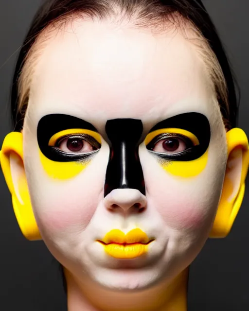 Image similar to symmetrical close - up portrait of a woman wearing a yellow silicone beauty mask and hair rolls, wearing a black bodysuit by alexander mcqueen, cream white background, biotechnology, humanoide robot, bjork aesthetic, translucent, by rineke dijkstra, masterpiece,