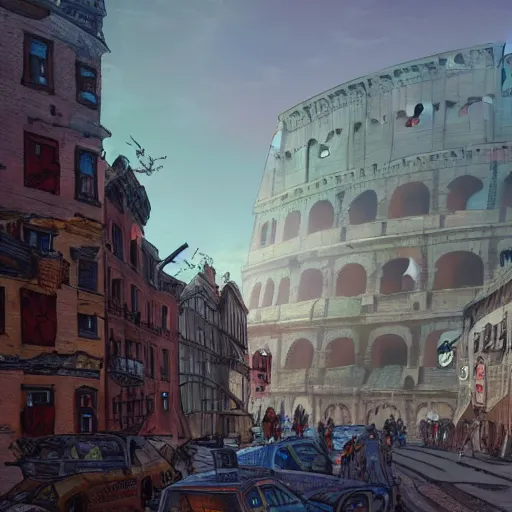 Image similar to bustling d & d city with a distant colosseum, first person street view, artstation