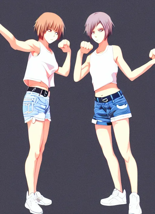 Prompt: two beautiful identical female fighters with short hair facing each other in gym, jean shorts, white top, dim lighting, gorgeous features, high resolution, detailed anime art