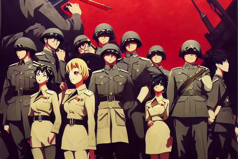 Image similar to anime key visual of dictator fascist nationalist propaganda poster from world war 2 depicting an elite regiment of anime maids commiting war crimes, style of jamie wyeth james gilleard edward hopper greg rutkowski acrylic painting, preserved museum piece, historical