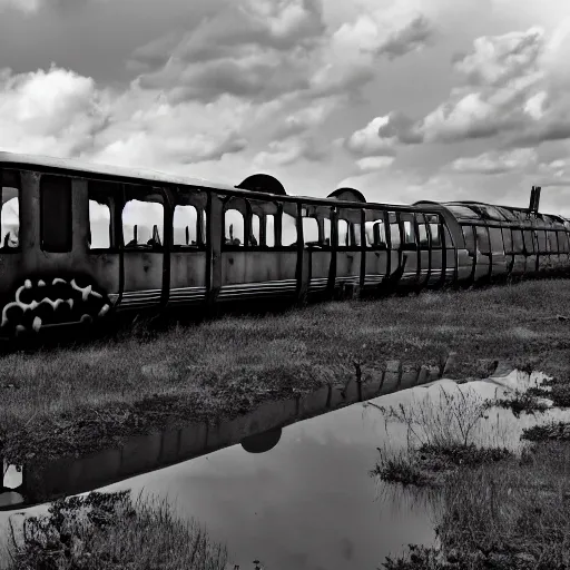 Prompt: post - apocalyptic magic kingdom, wasteland, submerged, monorail, abandoned, wet, swamp, swamp gas, nuclear fallout, black and white, dark clouds, mickey mouse, walt disney world, rubberhose cartoon