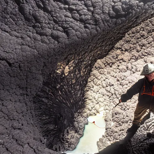 Prompt: head of walter whitr emerges from a lava lake, cave background, high detail, lava reflections, cave reflecting in the lava lake, dramatic shot